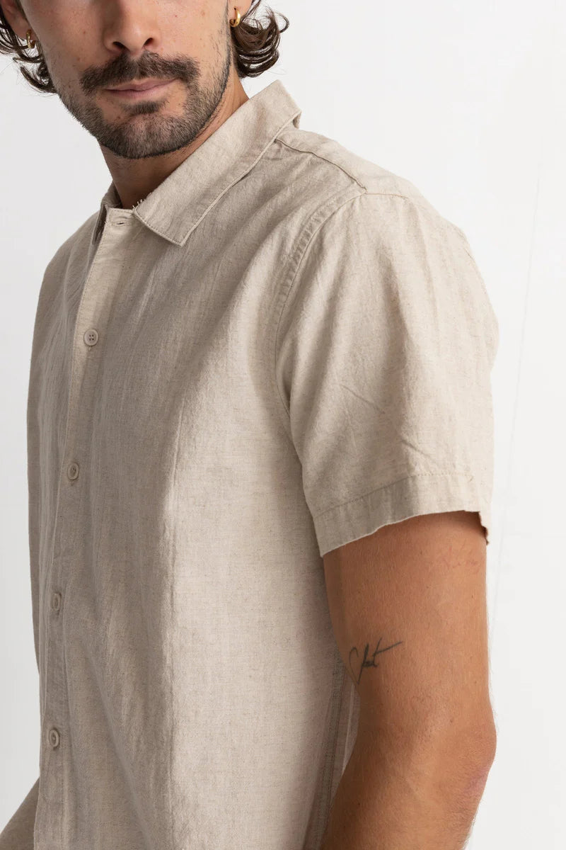 The Classic Linen Short Sleeve Shirt by Rhythm in the color Sand