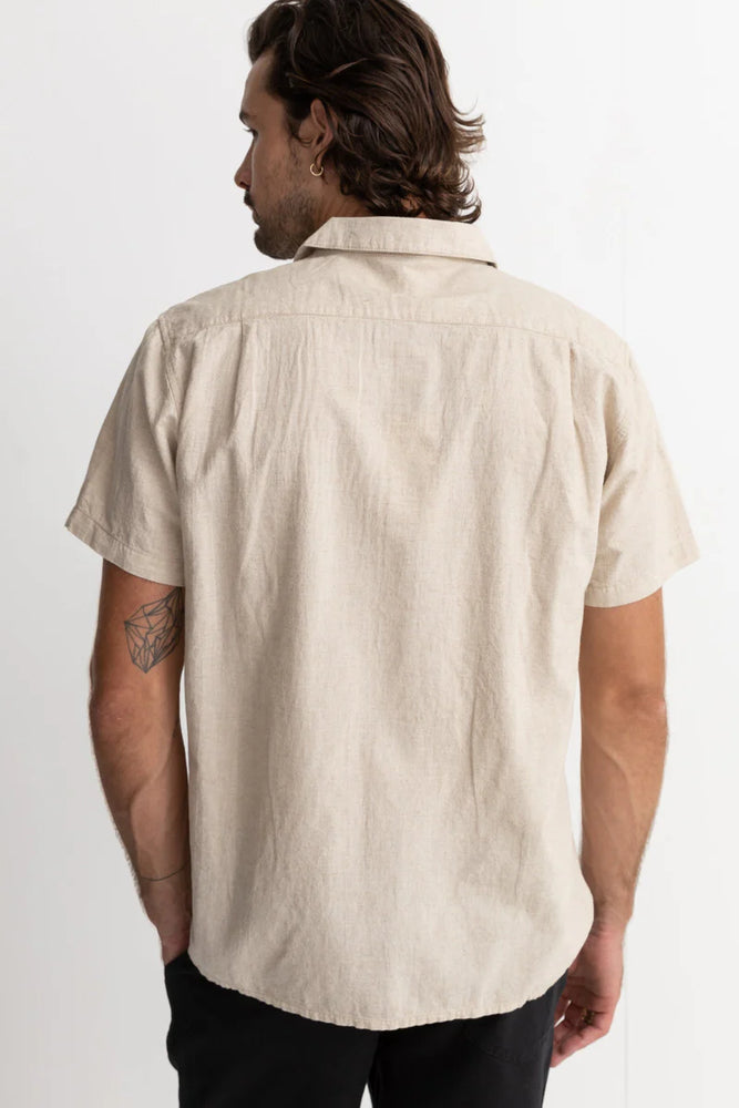 
                      
                        Men's light beige short sleeve button down shirt
                      
                    