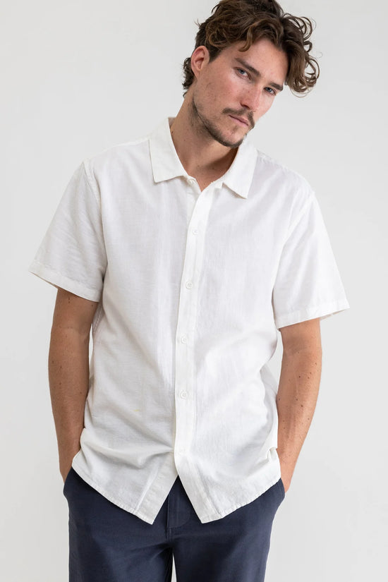 Front, buttoned up view of the white Classic Linen Short Sleeve Men's Shirt by Rhythm