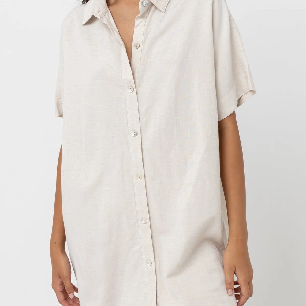 The Rhythm Classic Shirt Dress is available at Harbour Thread in the color Oat.
