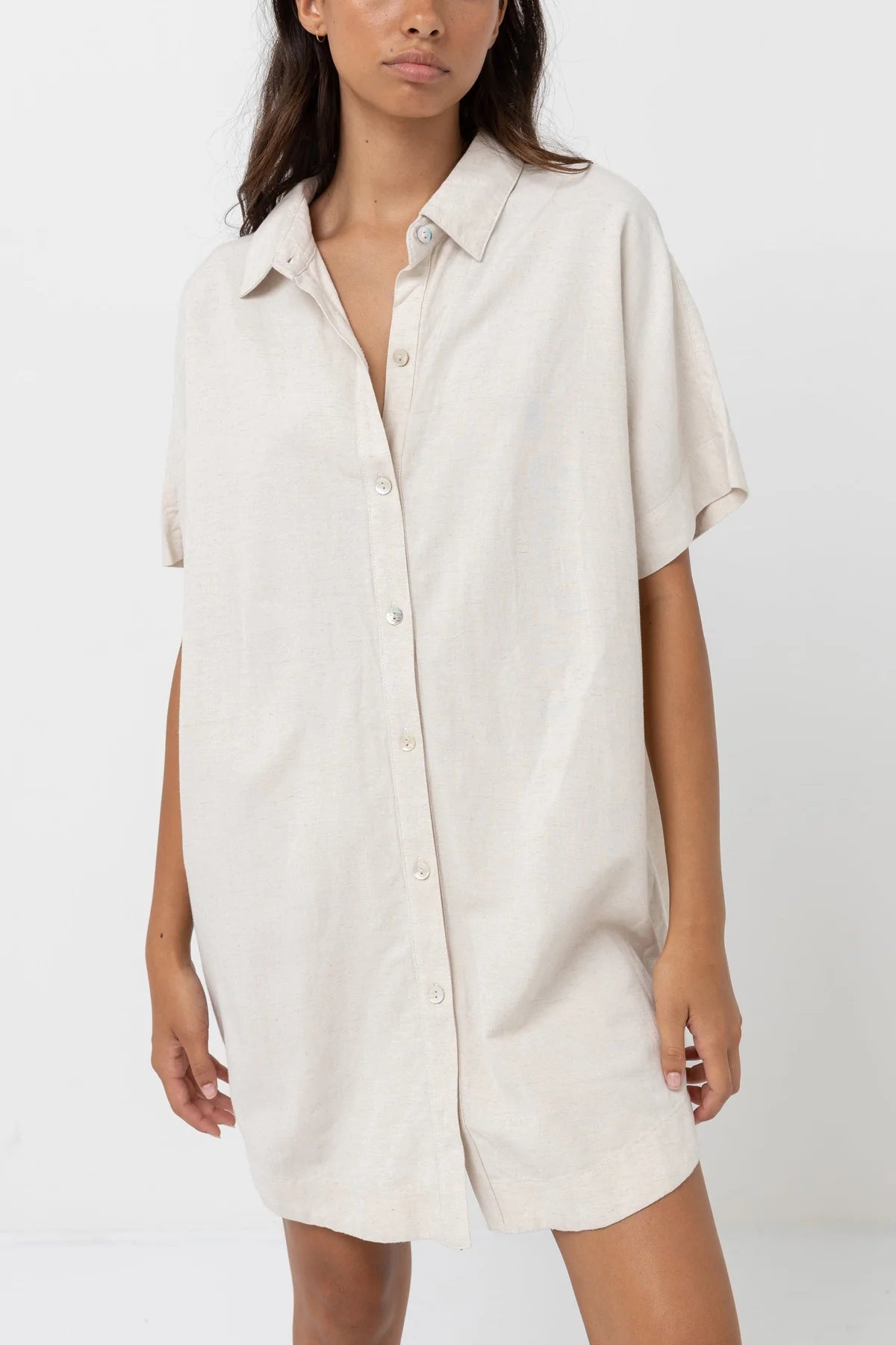 The Rhythm Classic Shirt Dress is available at Harbour Thread in the color Oat.