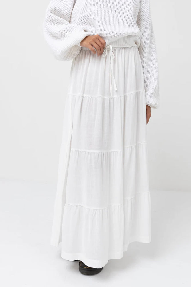 Front view of the White Classic Tiered Maxi Skirt by Rhythm