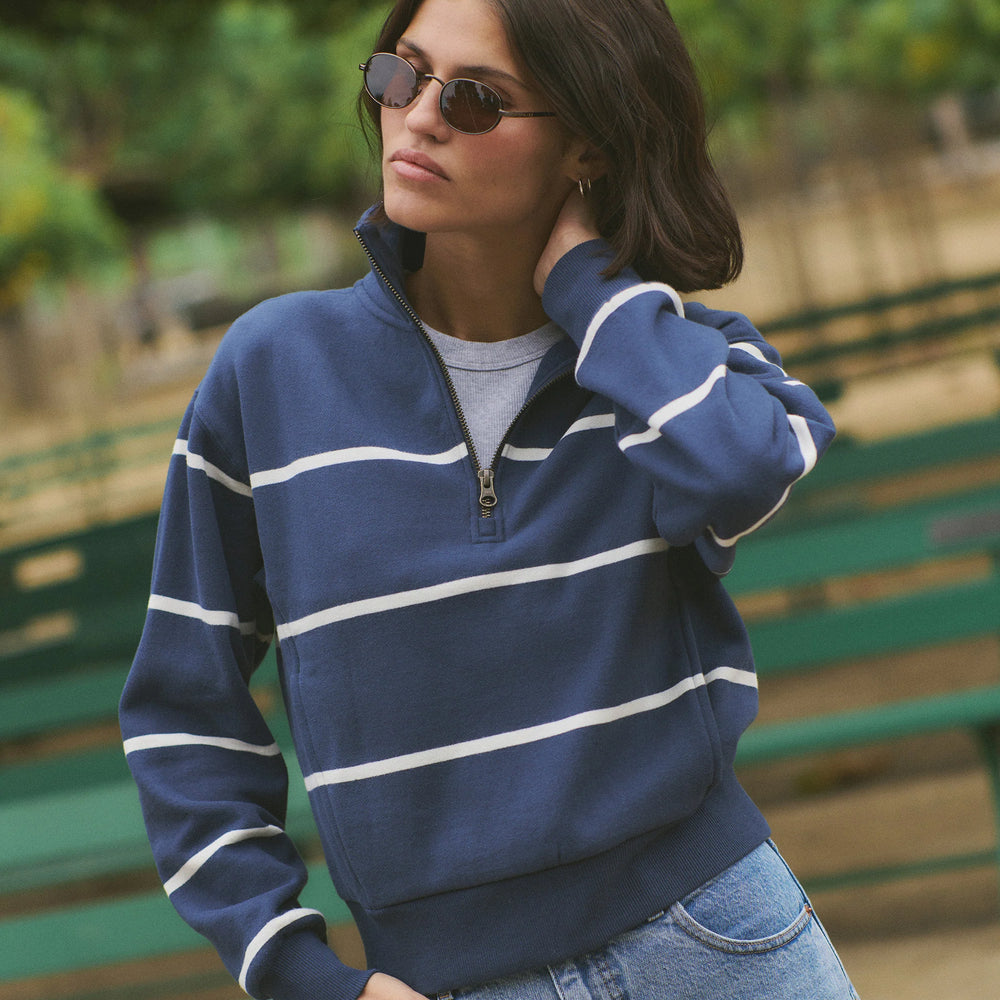 The Marine Layer Cloud 9 Fleece Half Zip is available at Harbour Thread boutique in the color Navy/White Stripe