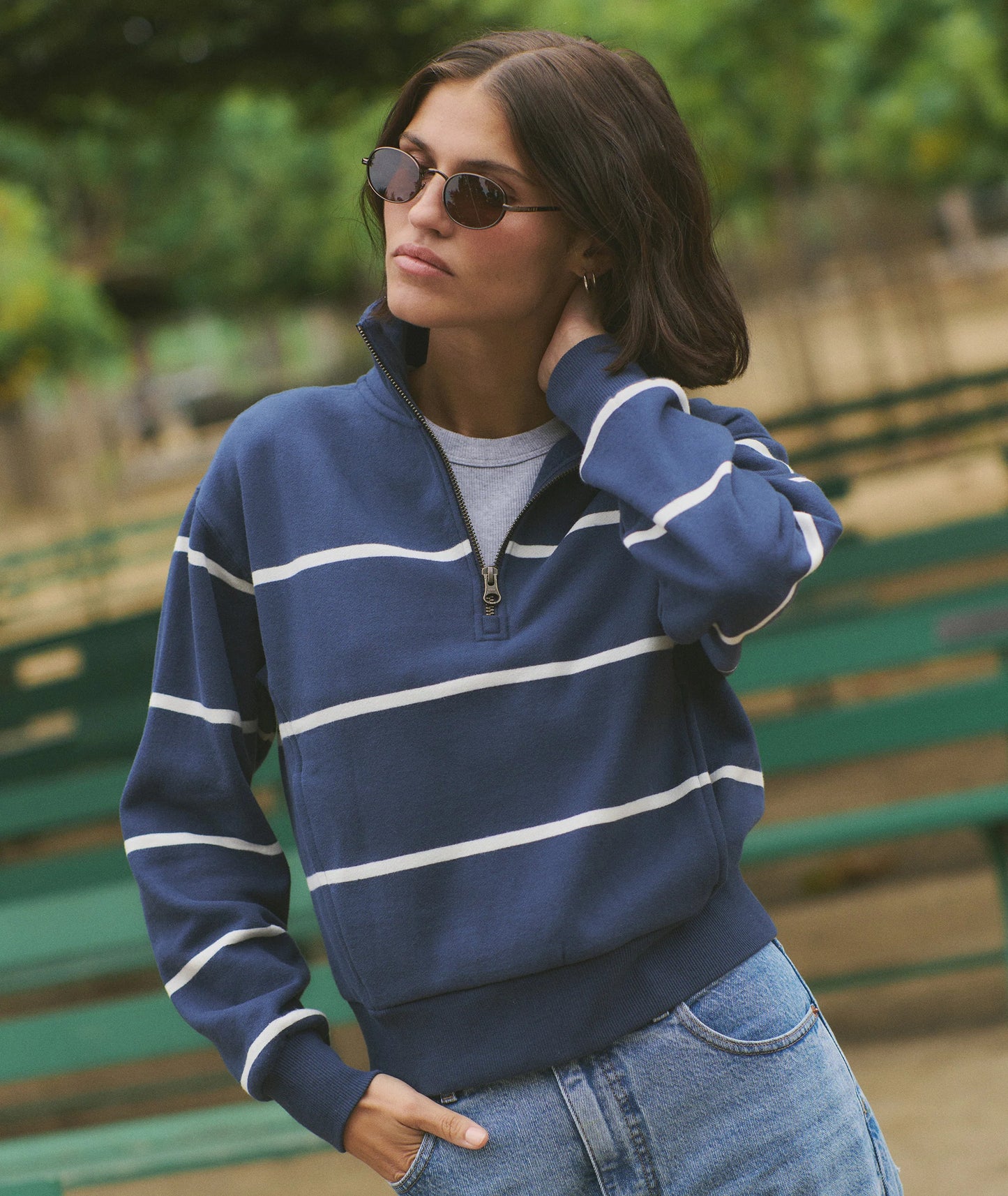 The Marine Layer Cloud 9 Fleece Half Zip is available at Harbour Thread boutique in the color Navy/White Stripe