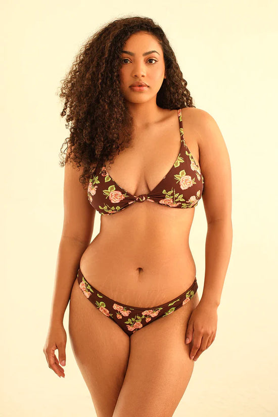 Front view of the Dippin Daisys brown and green Zen Knotted Triangle Bikini Top in Rosebud print