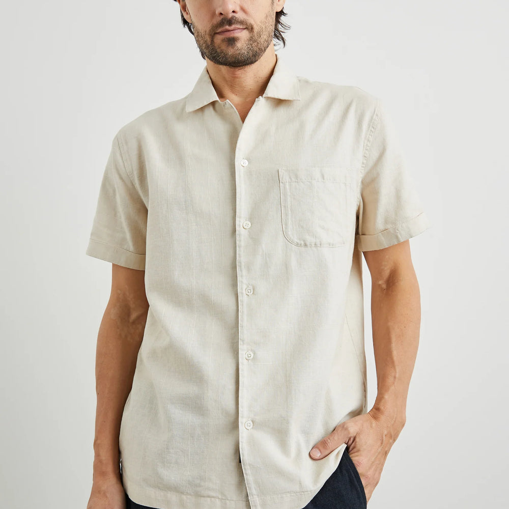 Front view of a man wearing the Davis Shirt by Rails