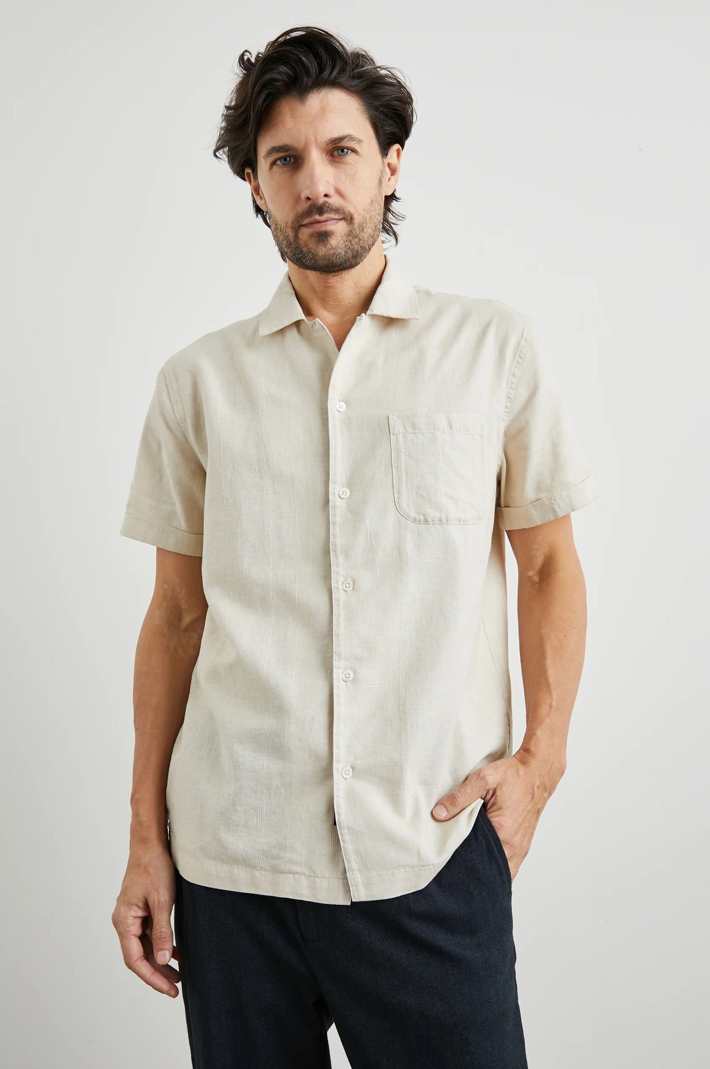 Front view of a man wearing the Davis Shirt by Rails