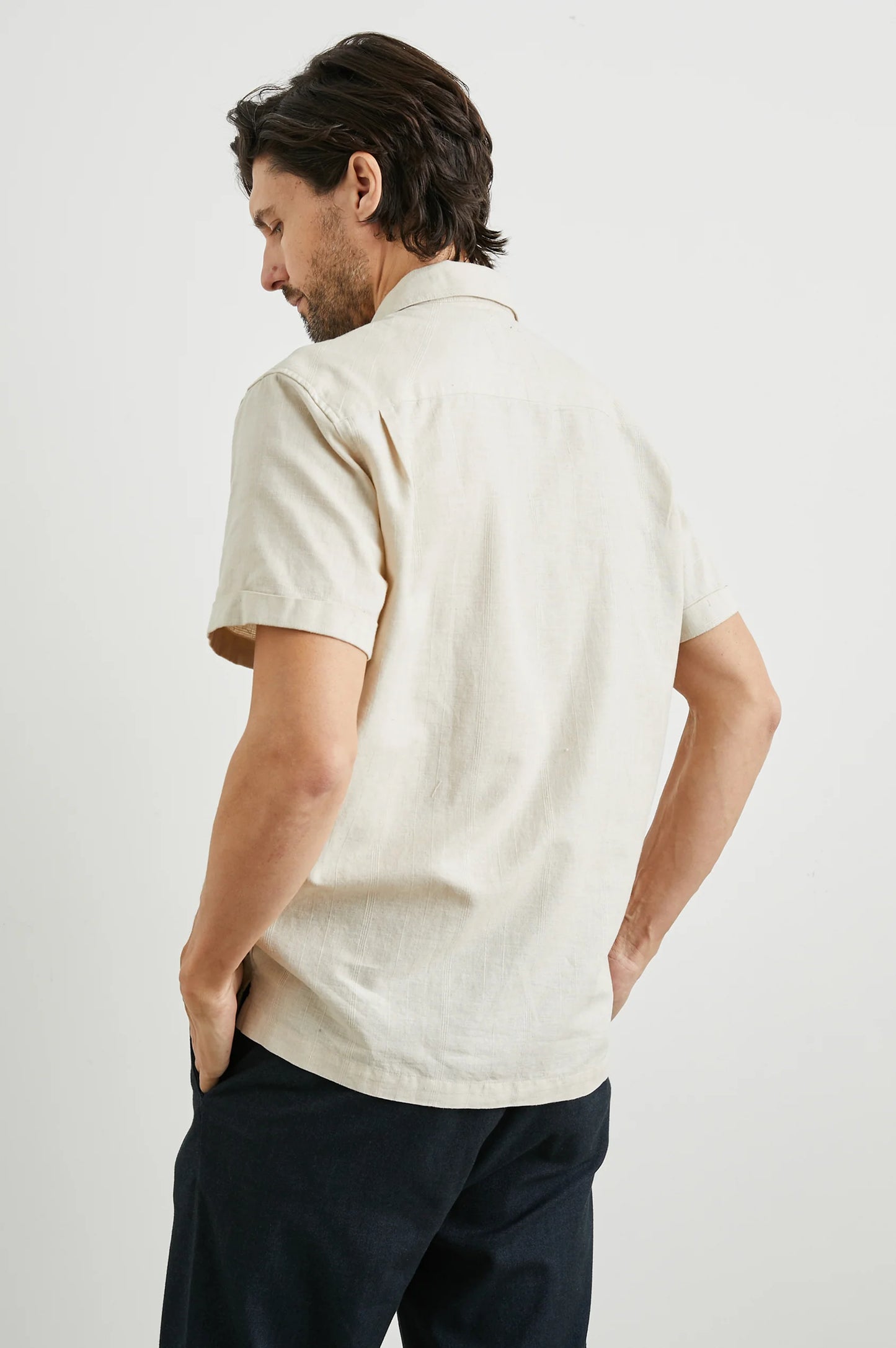 Back view of a man wearing the Davis Shirt by Rails