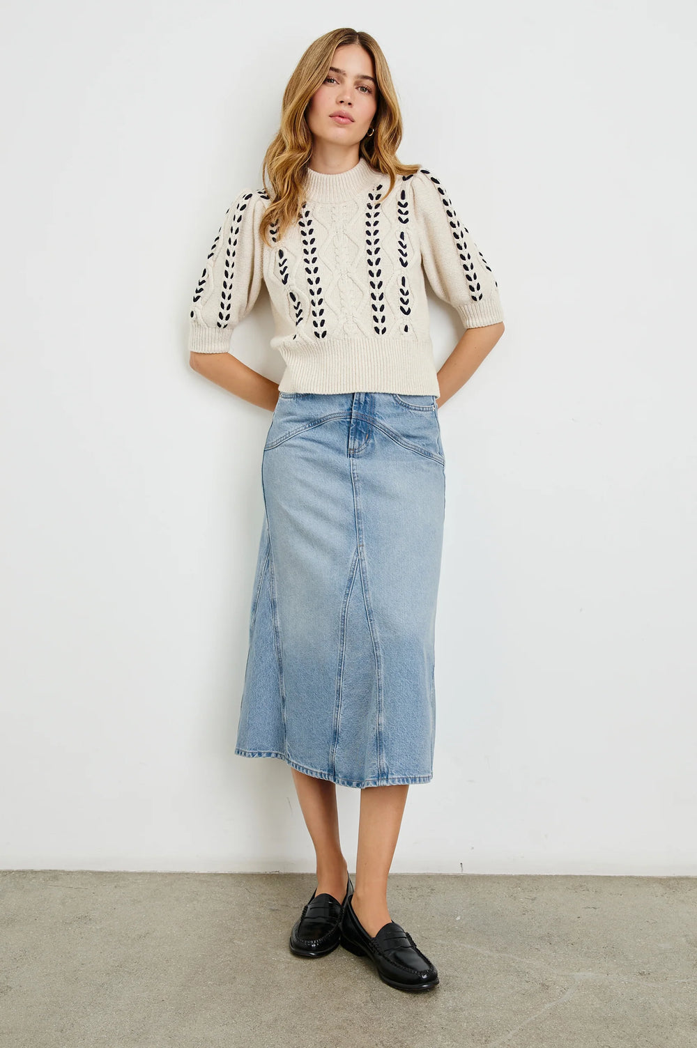 The Del Rey is a mid-calf length denim skirt from Rails