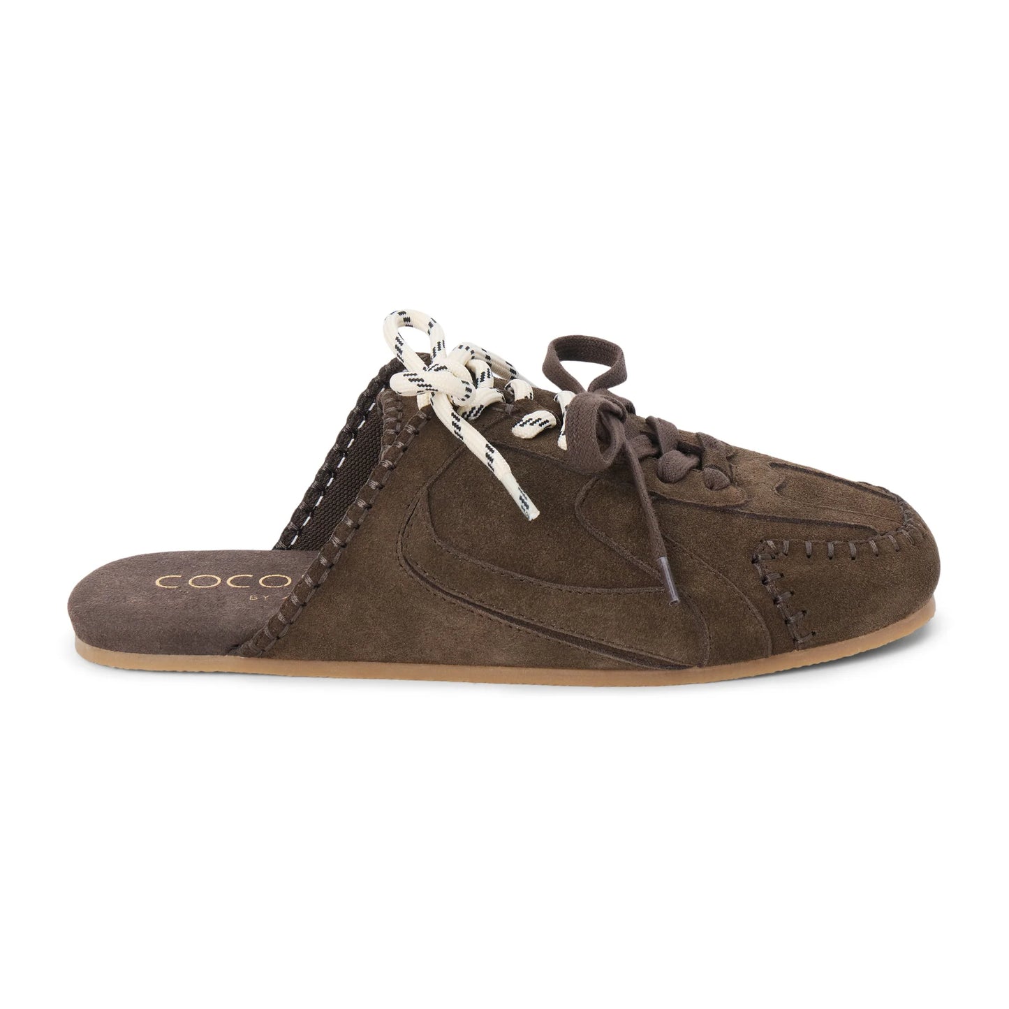 Brown suede shoe with decorative laces on a white background