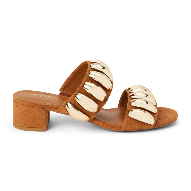 
                      
                        The Dome Heeled Sandals from Matisse offer a modest heel and double straps with metal ornaments
                      
                    