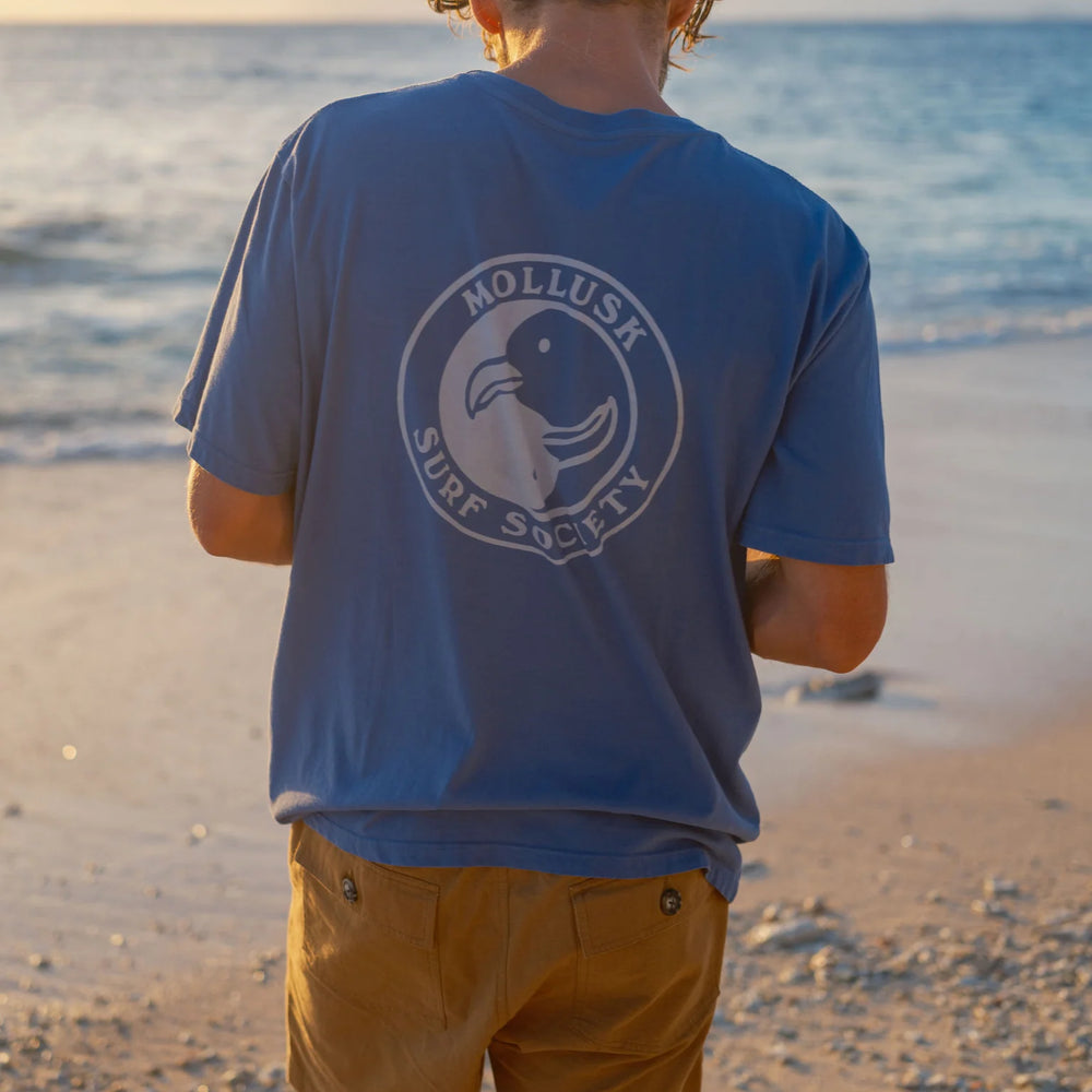 
                      
                        back view of the blue surf society short sleeve t-shirt by Mollusk
                      
                    