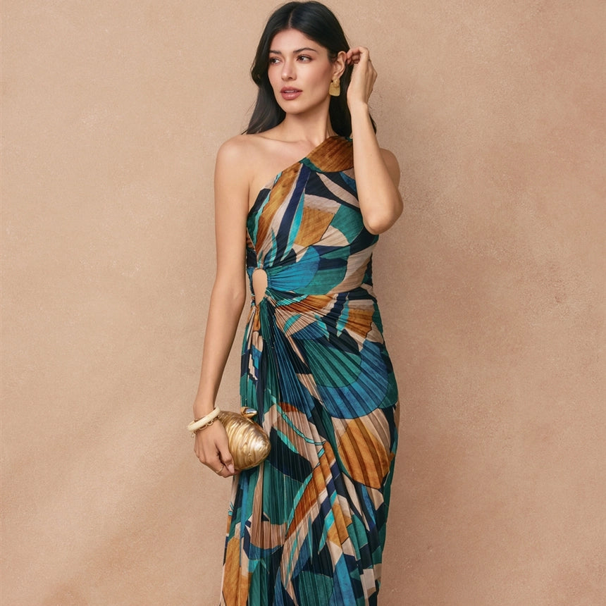 Dress Forum Abstract Asymmetrical Pleated Maxi Dress in Sea Glass
