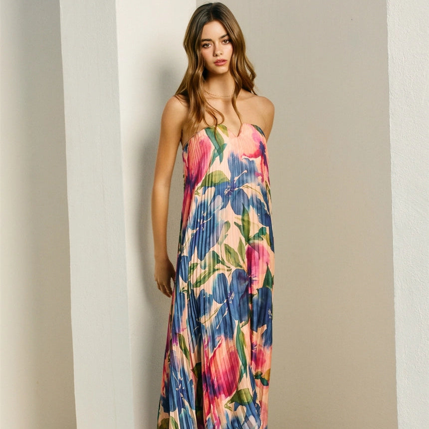 Dress Forum Floral Strapless Pleated Maxi Column Dress in Lapis Bloom