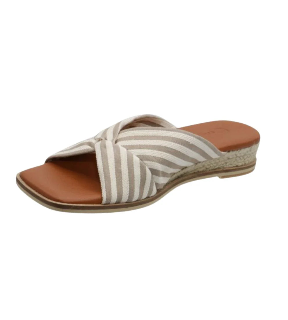 Women's taupe striped slide sandal by Eric Michael