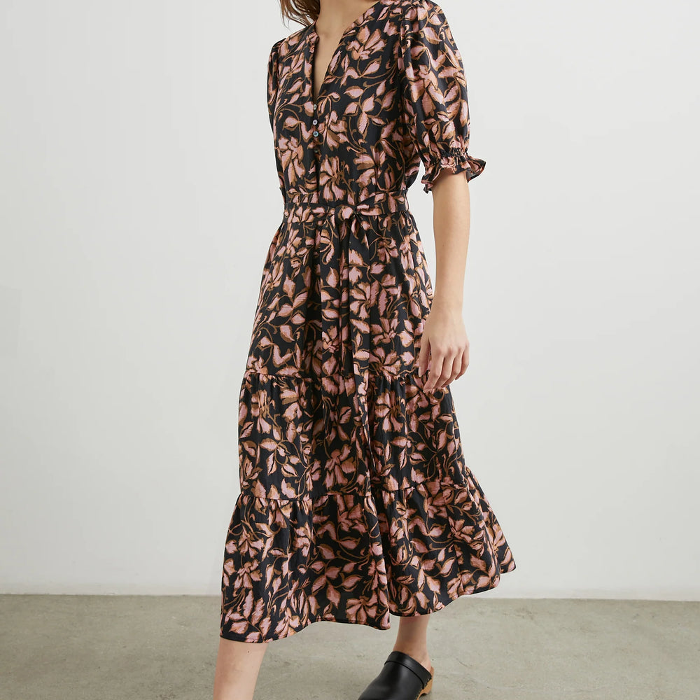 
                      
                        A woman wearing the autumnal print Eliana Dress from Rails
                      
                    