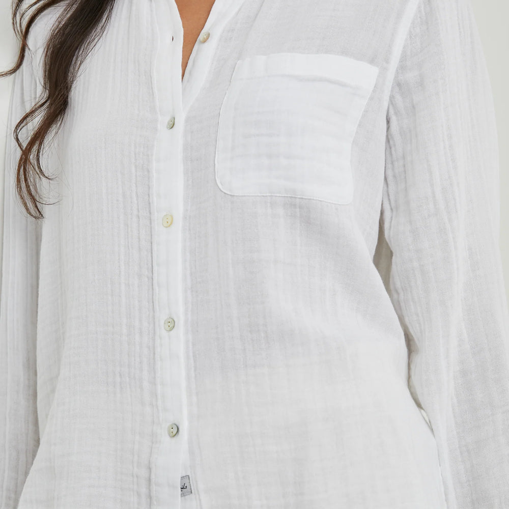 
                      
                        Front detail on the White cotton gauze Ellis Shirt by Rails
                      
                    