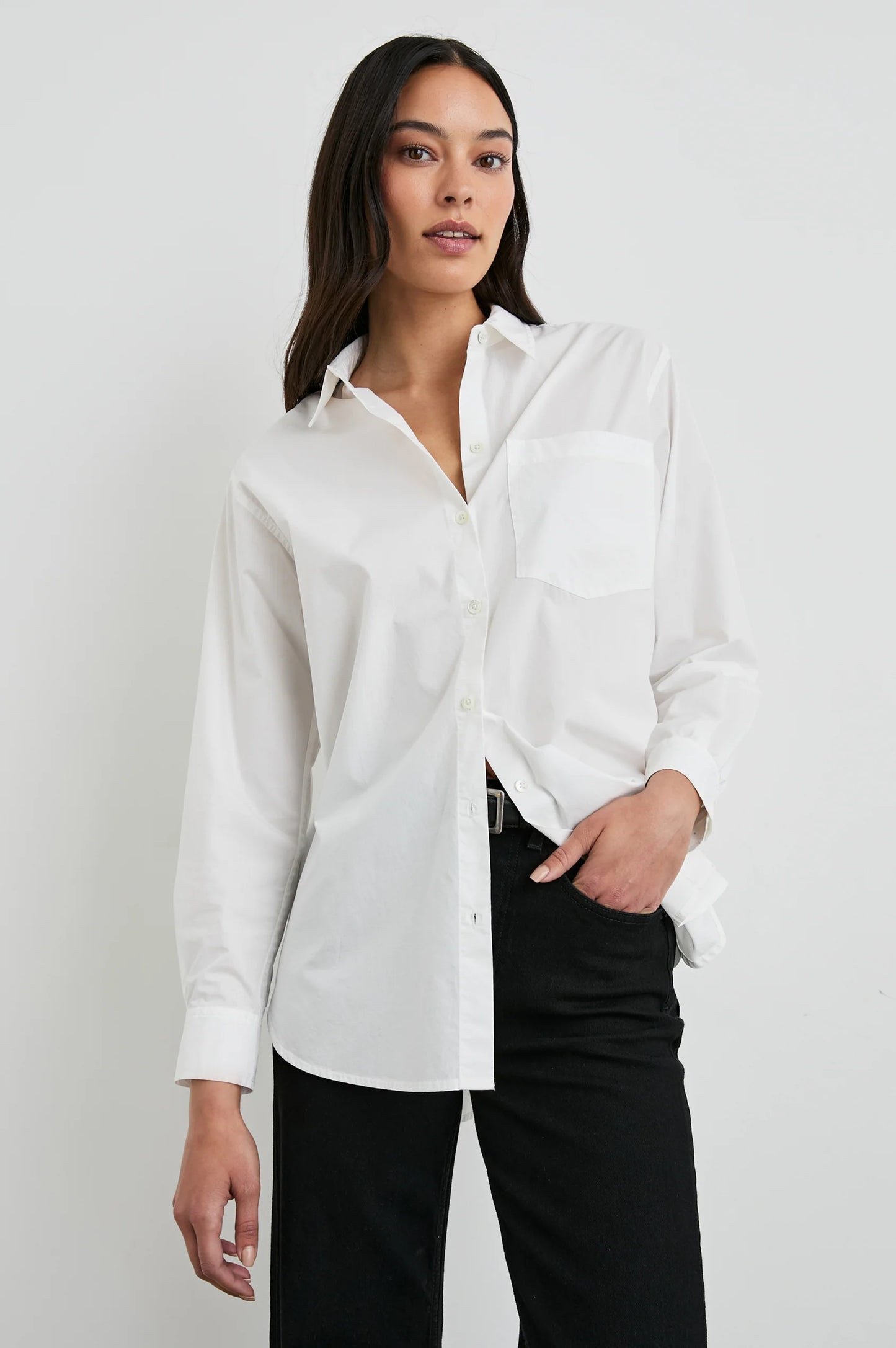 Front view of a woman wearing the White Elsa Button Down Shirt by Rails