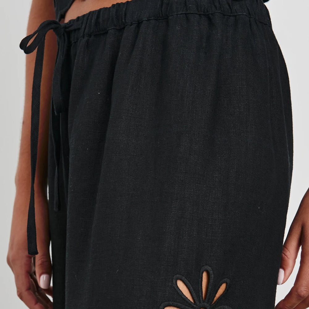 
                      
                        Women's relaxed fit black linen pants with eyelet detail from the brand Rails. 
                      
                    