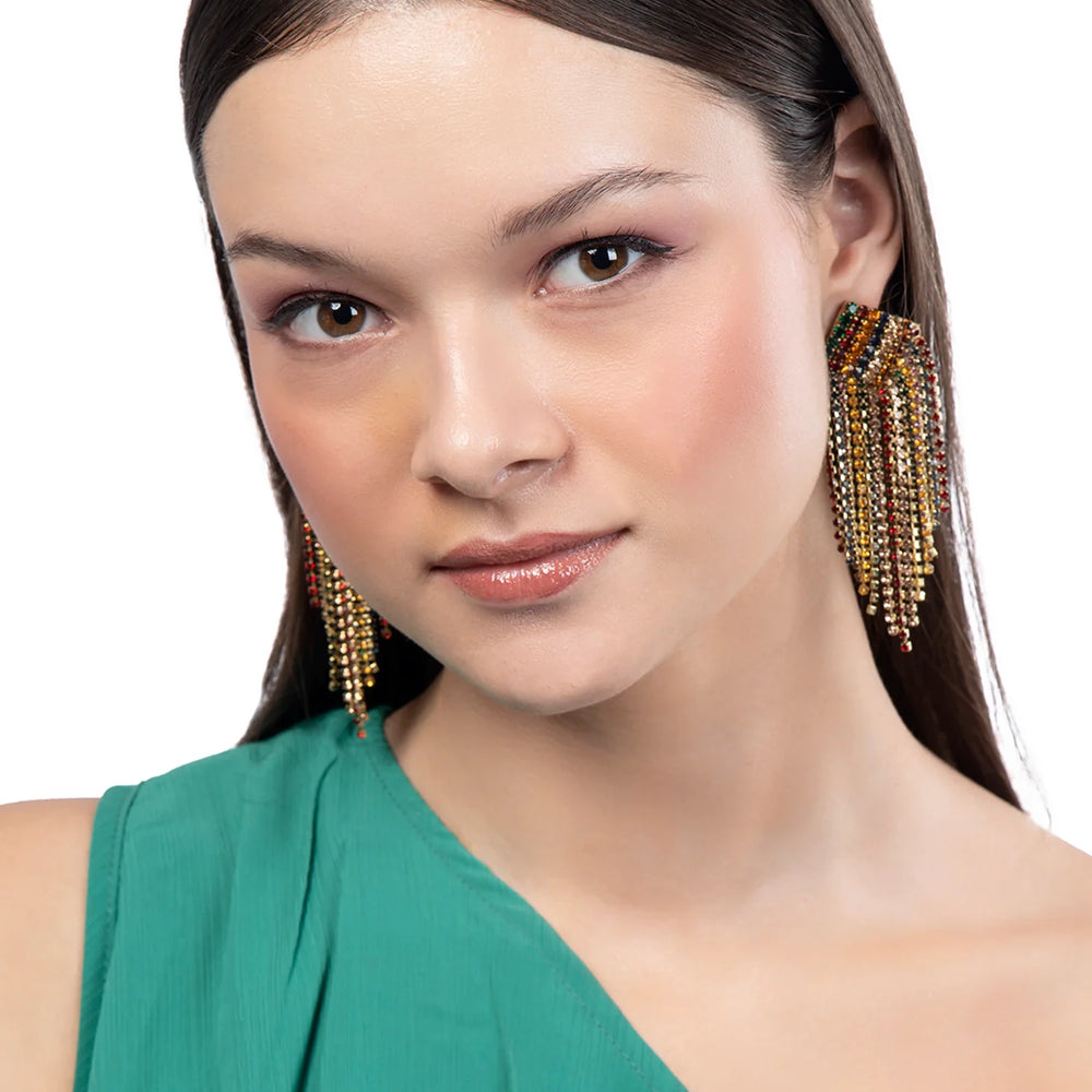 A woman wearing the Multicolor Niomi Earrings by Deepa Gurnani