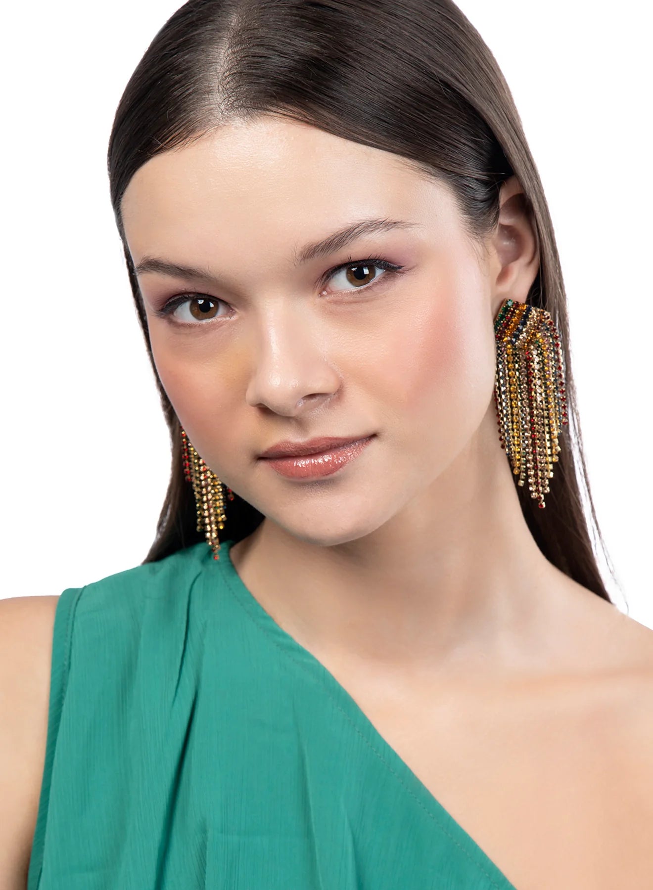 A woman wearing the Multicolor Niomi Earrings by Deepa Gurnani