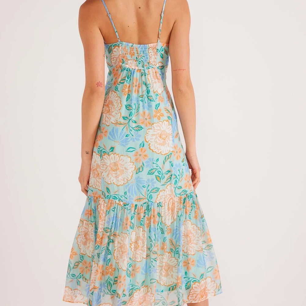 
                      
                        Back view of the mint floral print Evelyn Strappy Midaxi Dress by MINKPINK
                      
                    