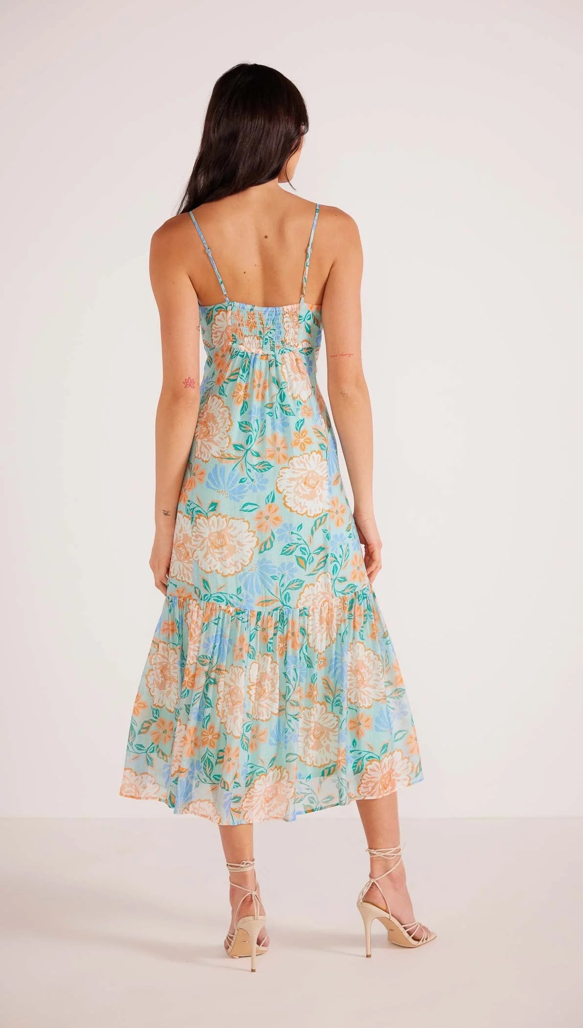 Back view of the mint floral print Evelyn Strappy Midaxi Dress by MINKPINK