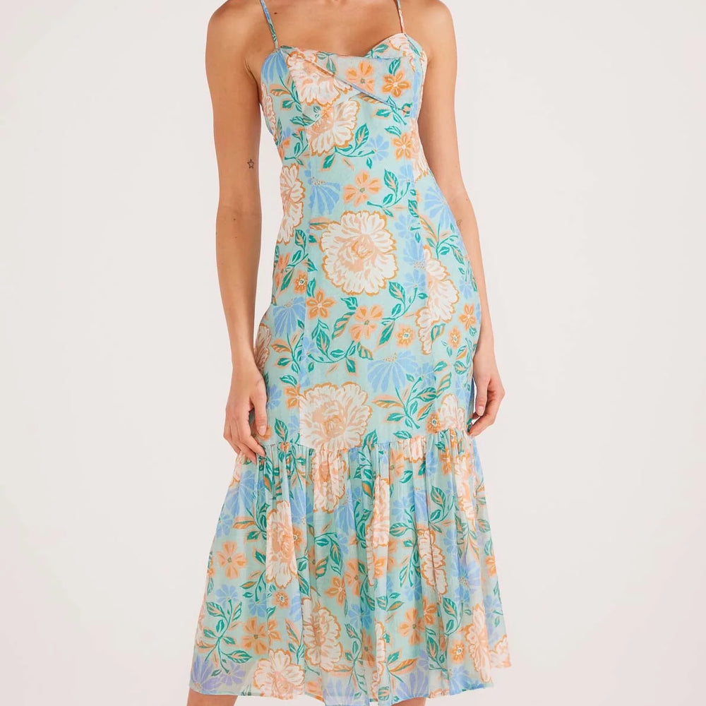 Front view of the mint floral print Evelyn Strappy Midaxi Dress by MINKPINK