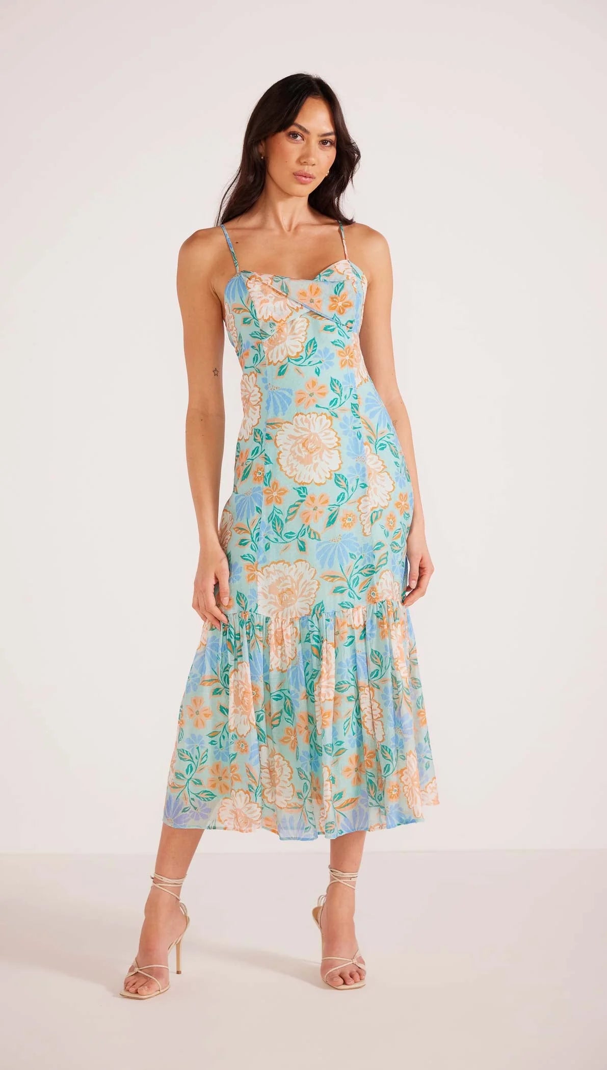 Front view of the mint floral print Evelyn Strappy Midaxi Dress by MINKPINK