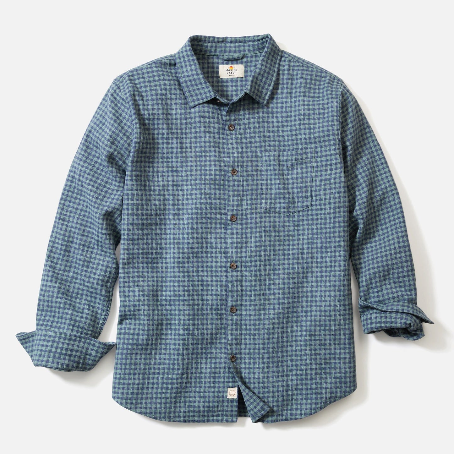 Marine Layer Classic Stretch Selvage Long Sleeve Shirt in Green/Navy Gingham
