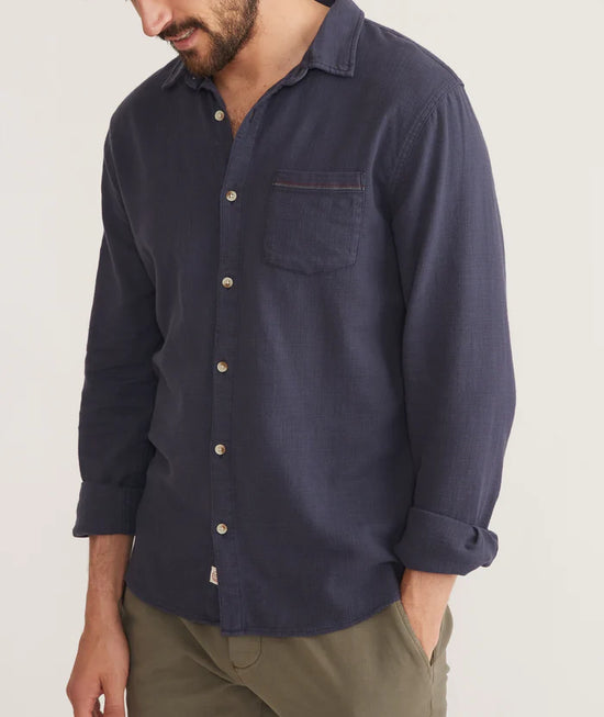 Front view of the men's classic stretch selvage long sleeve button up shirt by Marine Layer