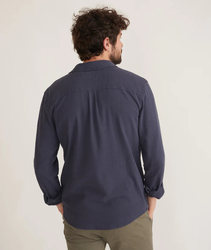 Load image into Gallery viewer, back view of men&amp;#39;s dark blue long sleeve button up shirt
