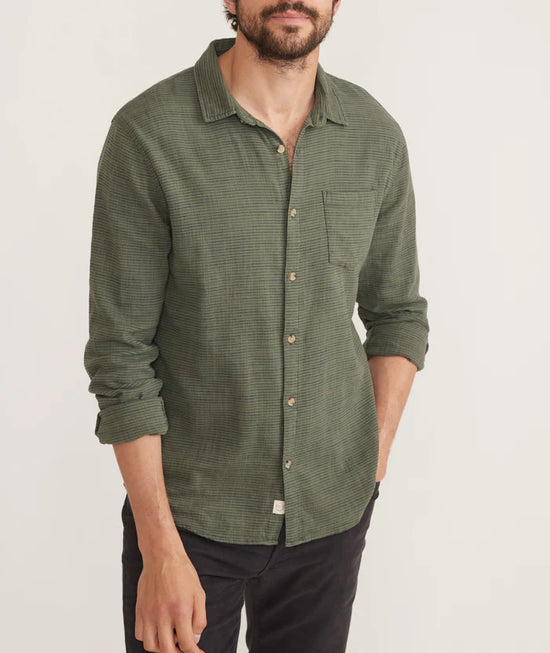 Marine Layer Long Sleeve Classic Stretch Selvage Shirt - Olive Stripe
