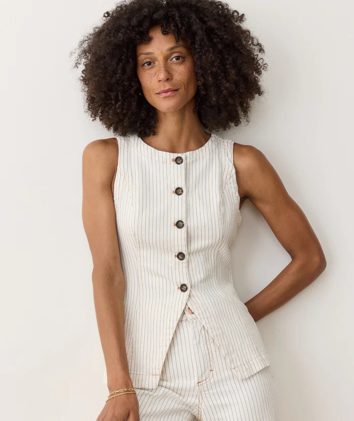 Shop the latest in women's tops at Harbour Thread boutique! New arrivals include the Marine Layer Charlie Longline Vest in Ticking Stripe. 