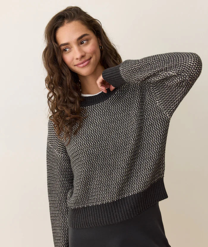 With a relaxed fit and two-tone birdseye pattern, the Robin Textured Crewneck Sweater from Marine Layer is an effortlessly stylish fall favorite. Find it at Harbour Thread in Burlington, VT!