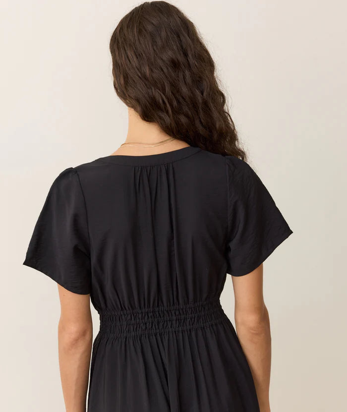 Black smocked waist midi dress from Marine Layer