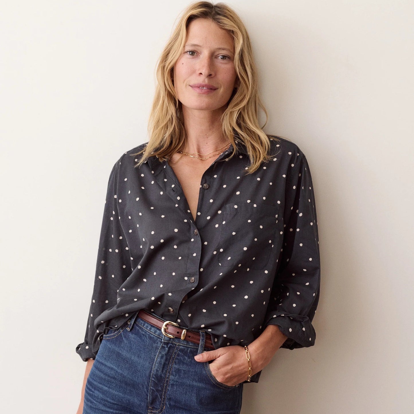 Marine Layer Jane Relaxed Voile Shirt in Navy Polka Dot