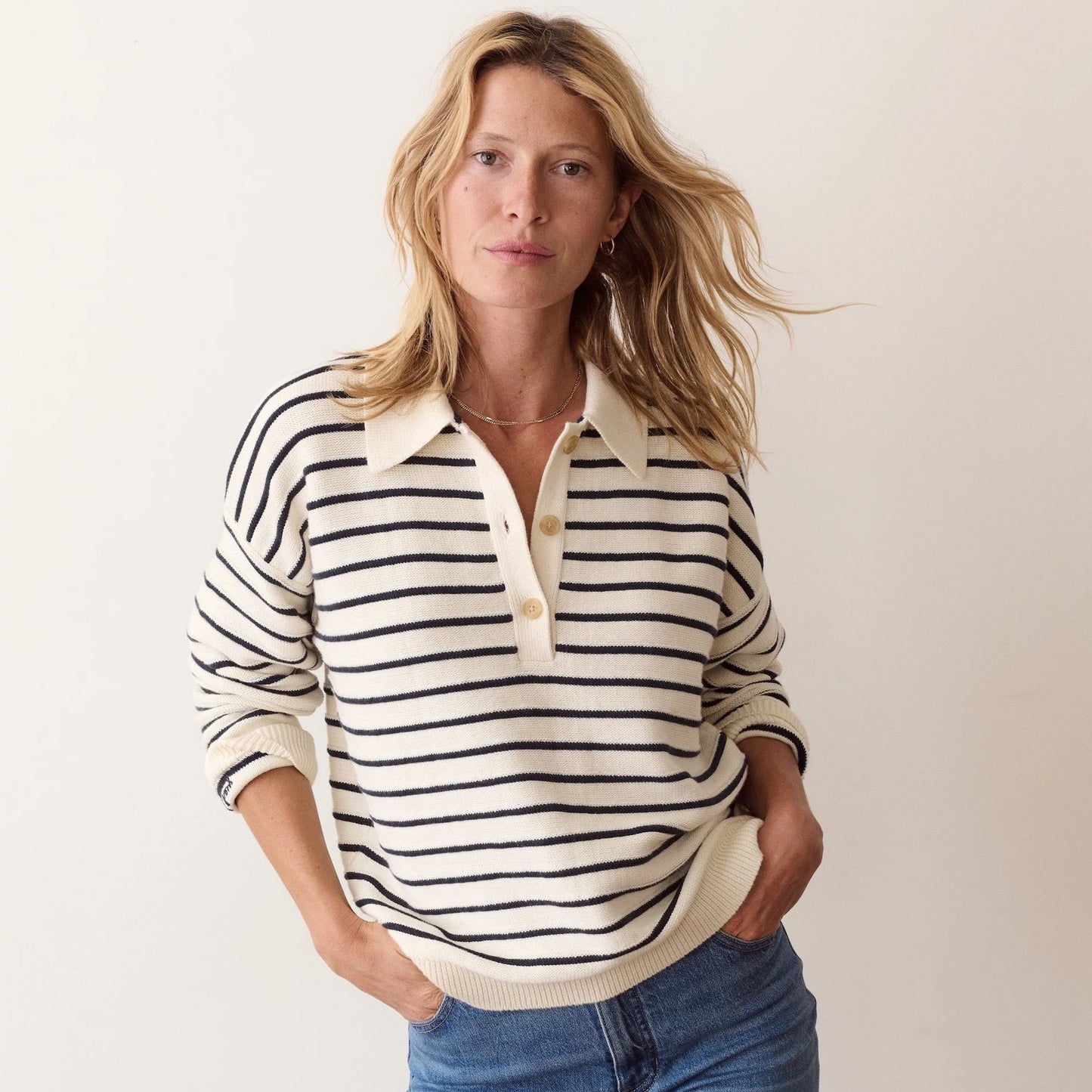 Marine Layer Valerie Polo Sweater in Cream & Twilight Stripe
