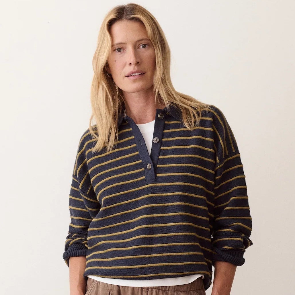 Marine Layer Valerie Polo Sweater in the color Twilight & Green Stripe