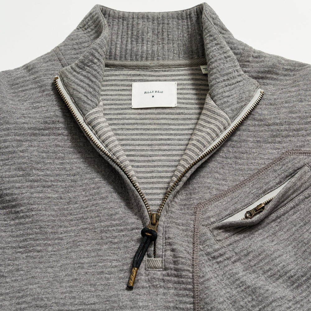 
                      
                        Close up of half zip neckline on a men's grey pullover
                      
                    
