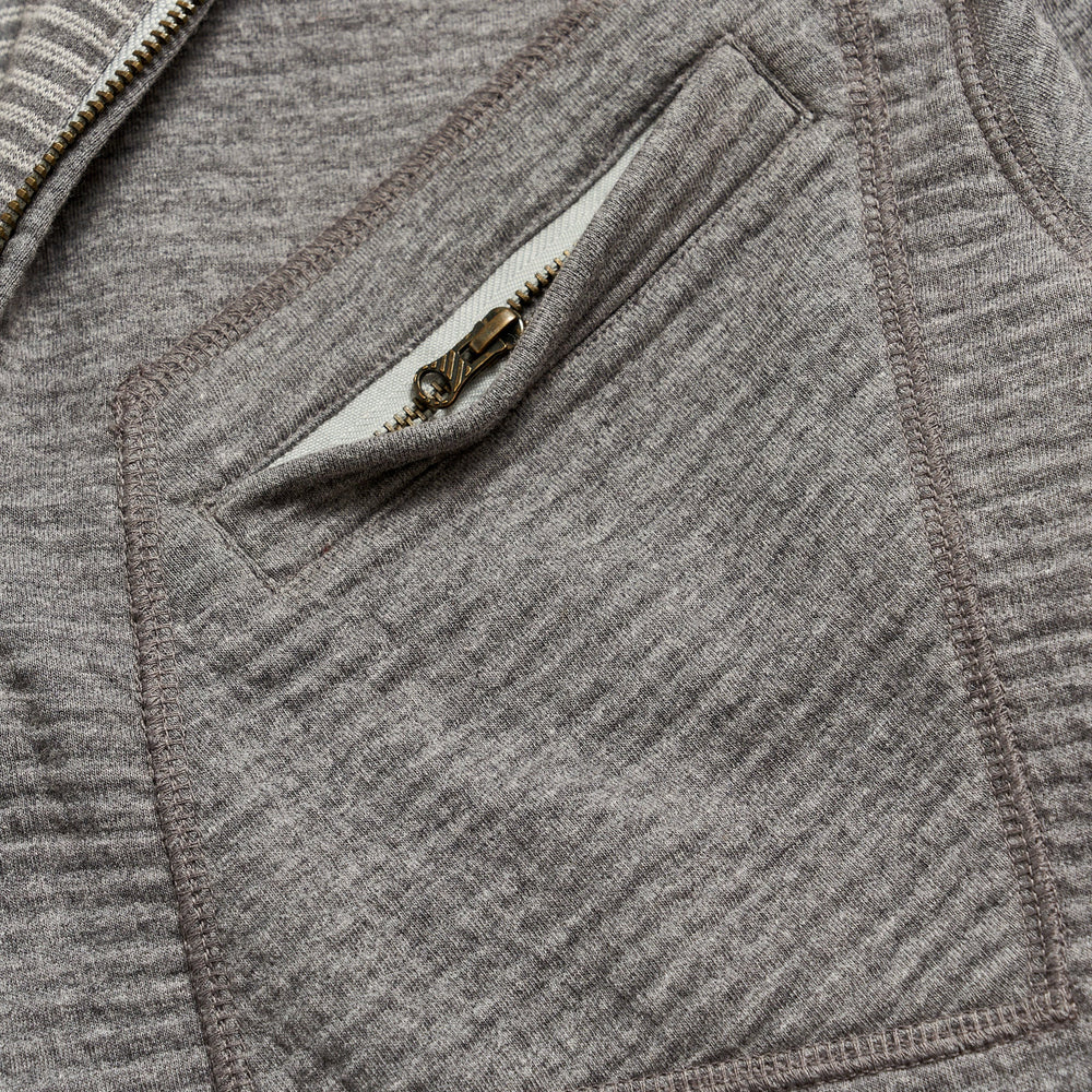 
                      
                        Close up of front zip pocket on a men's grey pullover
                      
                    