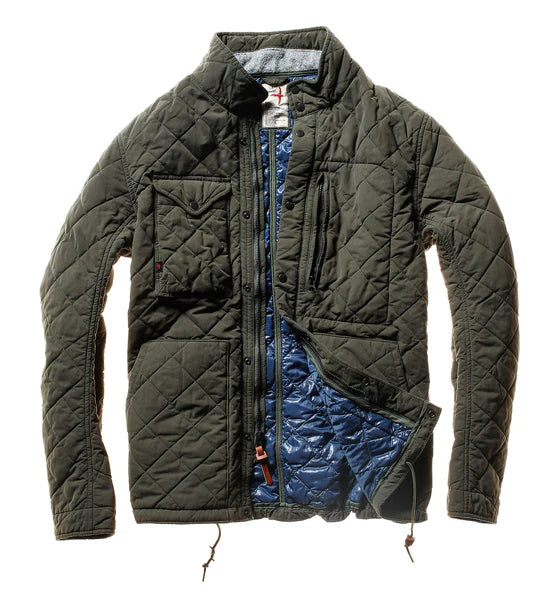 Front view of the Dark Loden Quilted Tanker Jacket by Relwen