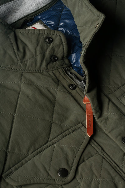 
                      
                        Front design detail on the Dark Loden Quilted Tanker Jacket by Relwen
                      
                    