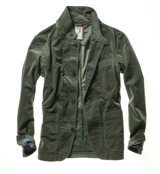 
                      
                        Front view of the Bottle Green Cord Trap Blazer by Relwen
                      
                    