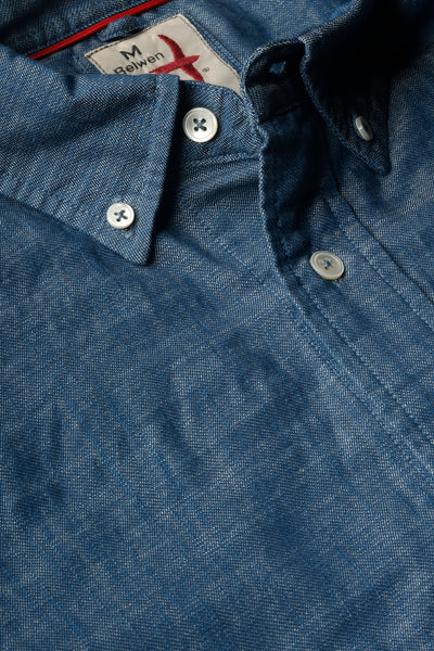 
                      
                        Design detail on the Bright Indigo Twill Huntsman Blues Button Up Shirt by Relwen
                      
                    