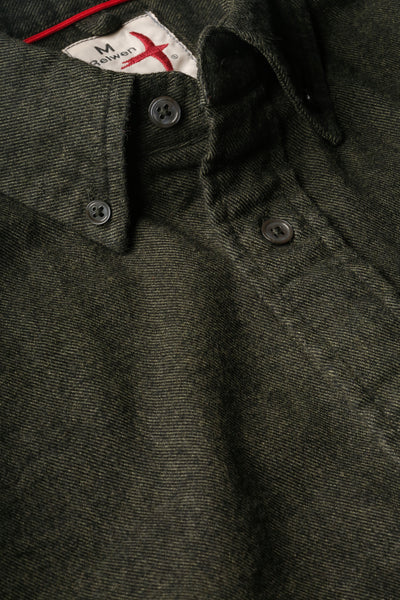 Front button closure on the Dark Loden Flyweight Brushed Twill Button Down by Relwen