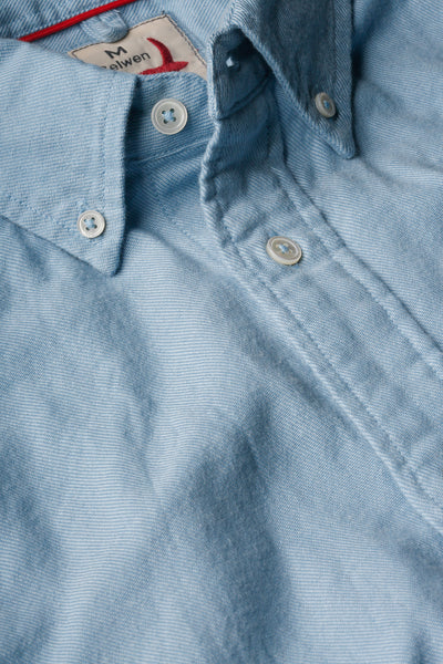 
                      
                        Design detail on the Pale Blue Flyweight Brushed Twill Button Down by Relwen
                      
                    