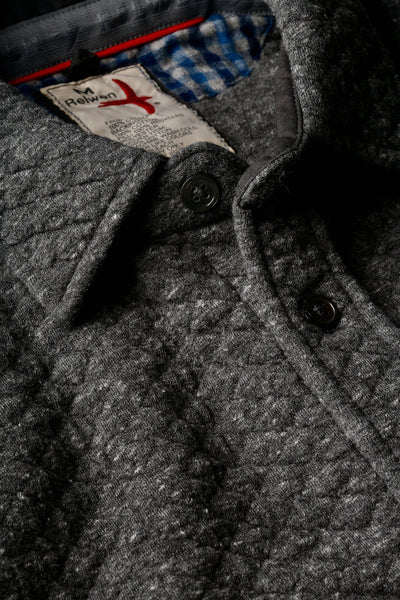 
                      
                        Design detail on the men's charcoal marl Bubble Knit Shirt by Relwen
                      
                    