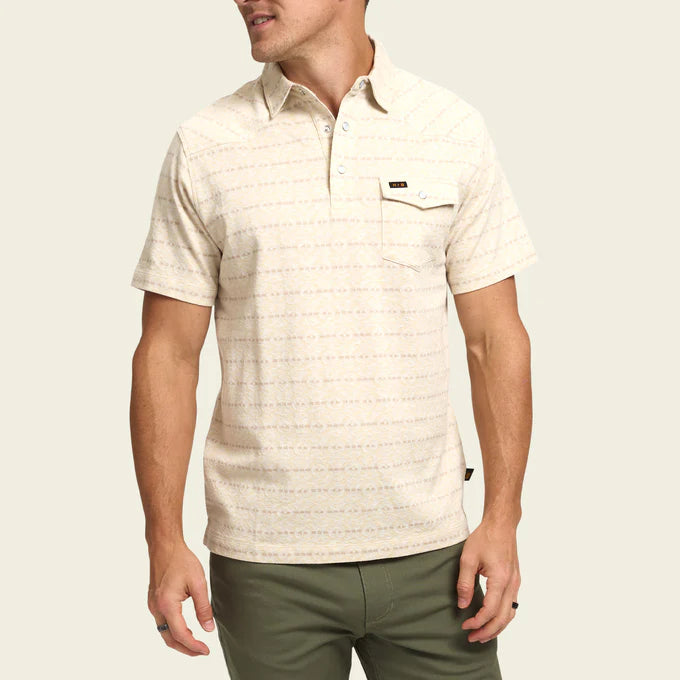 Front view of the Chiba Jacquard Creme Ranchero Jacquard Polo by Howler Bros