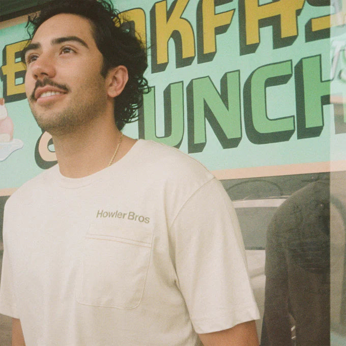 Front detail on the Blended Pelican Postage Pocket T-Shirt by Howler Bros